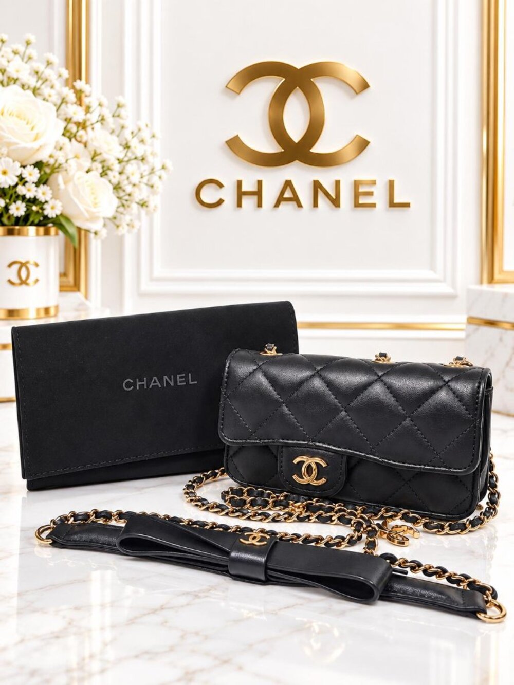 Authentic Chanel Black Quilted Leather Mini Flap CC Bow Chain Crossbody Bag